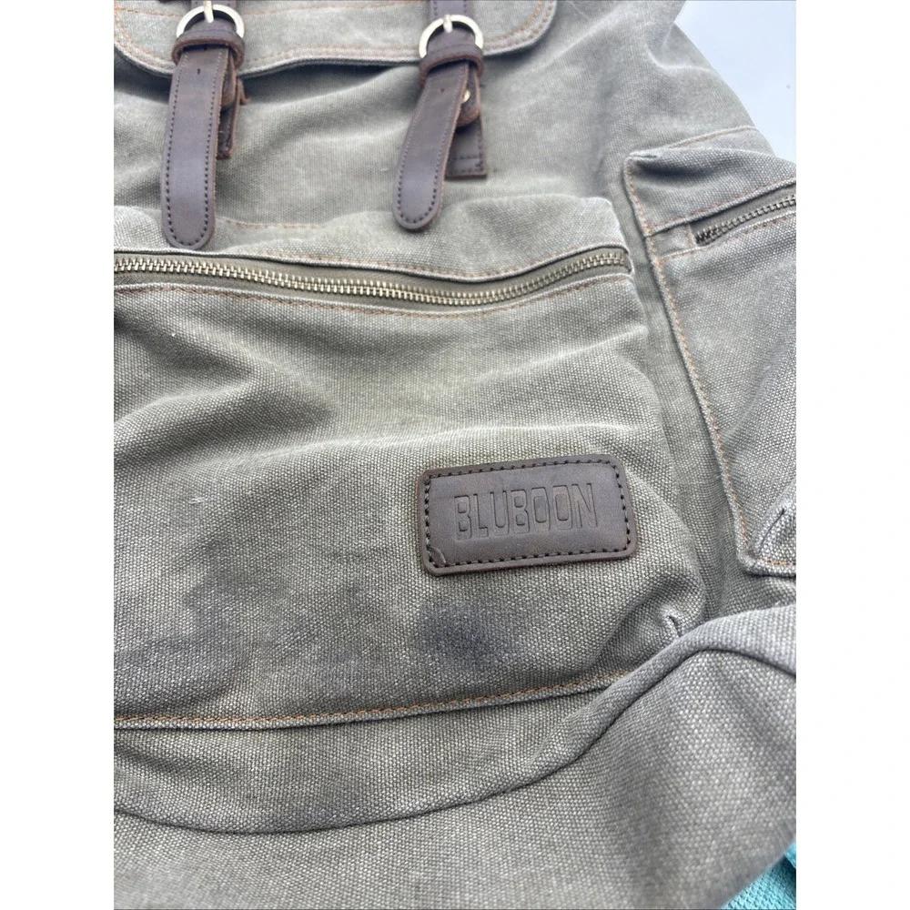 Bluboon VTG Canvas & Leather Army Green Rucksack Backpack Men's Bookbag Medium